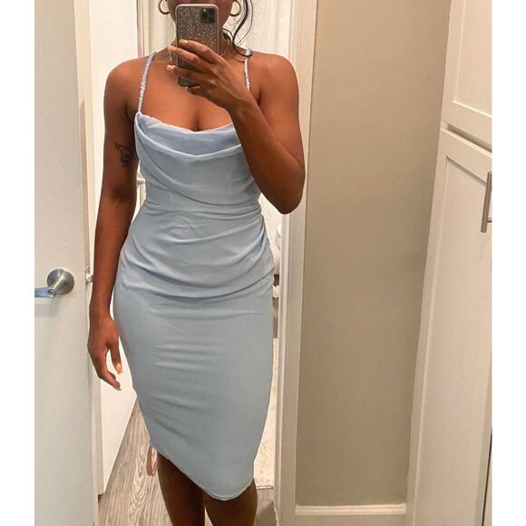 House of CB Jamille Draped Corset Georgette Light Blue Cowl Neck Midi Dress - Picture 1 of 9